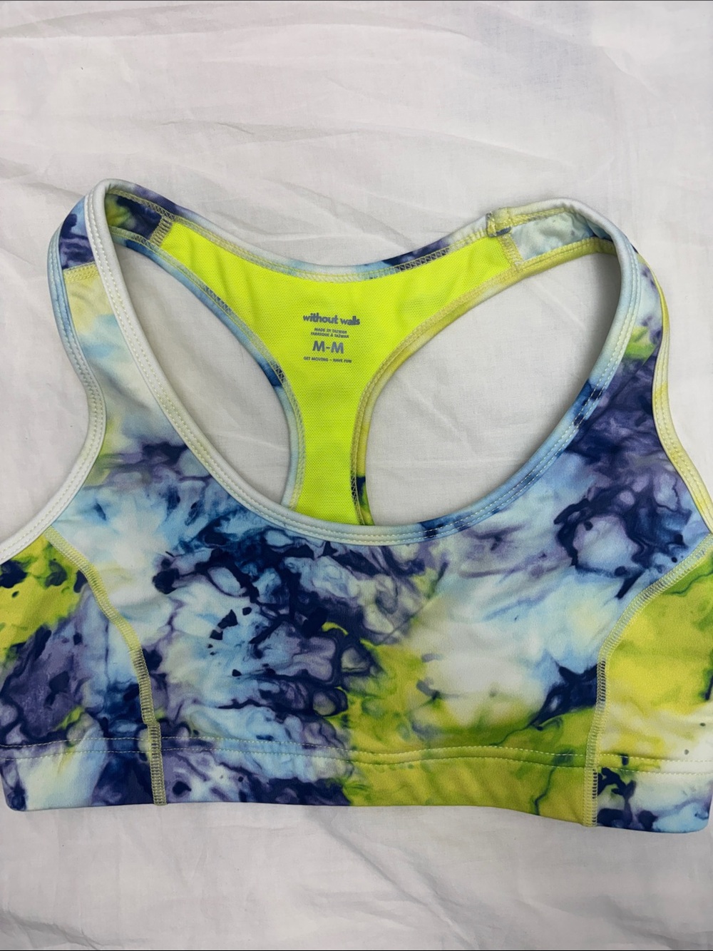 Without Walls Neon Yellow & Blue Marble-Print Racerback Sports Bra